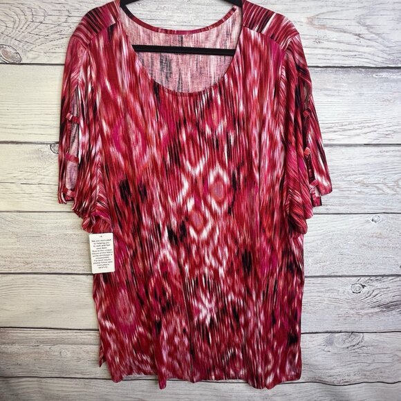 Catherines Womans Size 3X Blouse Short Sleeve Red Black Stretch Soft NWT - Picture 1 of 12